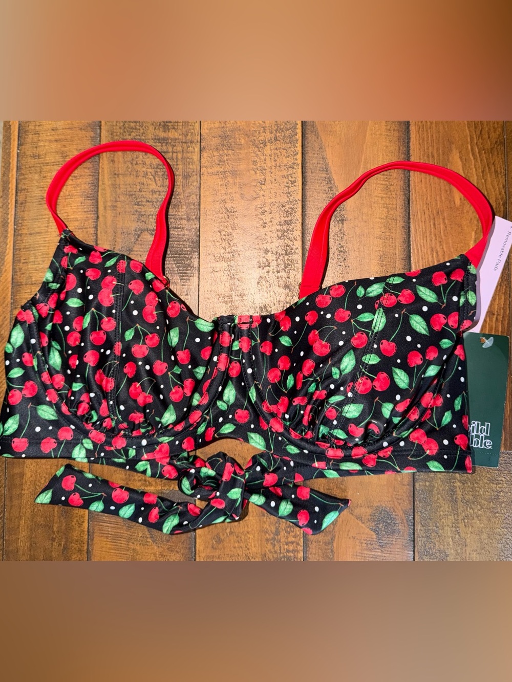a new day Black Cherry Print Bikini Top with Red Straps